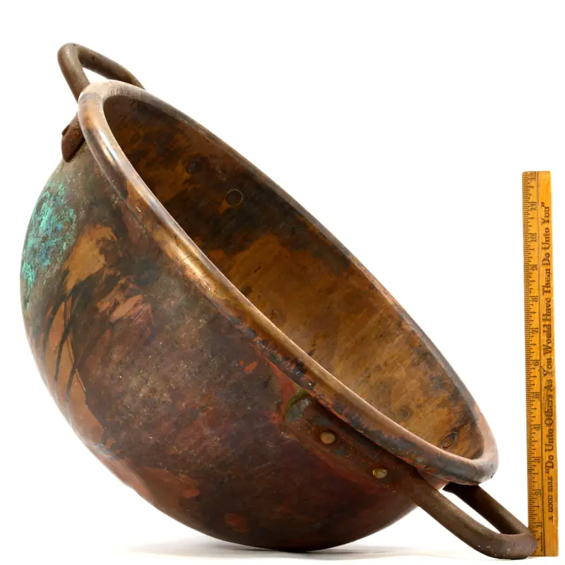 18-Inch Antique Copper Apple Butter Kettle with Cast Iron Handles and Rich Patina