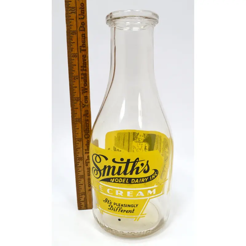 1940s–50s Pyroglazed Ice Cream Milk Bottle – Yellow Smith’s Model Dairy Inc. ACL Glass