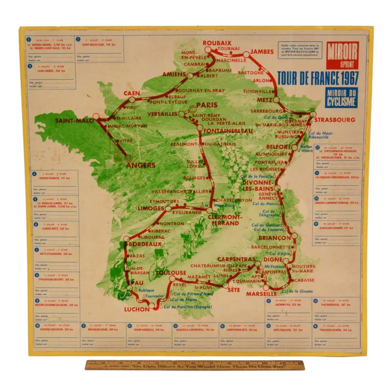 1967 Tour de France Miroir Sprint Cycling Map Poster — 18″ Vintage Racing Ephemera