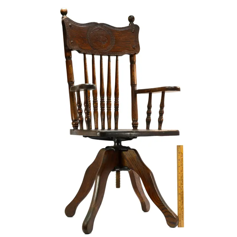 19th-Century Child-Sized Swivel Chair – Oak Frame with Carved Dog Back and Banister Spindles