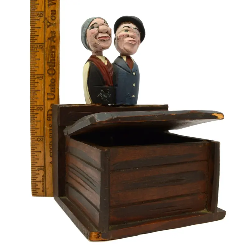 19th-Century Folk Art Trinket Box Featuring Animated Figural Couple and Mechanical Lid
