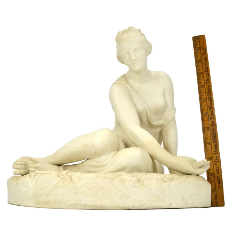 19th-Century Parian Porcelain Statue – Seated Maiden Nymph with Foliage, 12″ Tall, On Rock Base