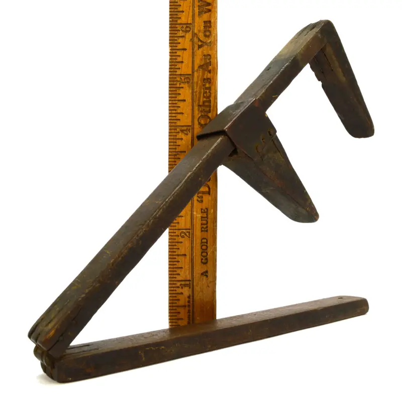 19th-Century Unbranded Folding Caliper-Rule: Primitive Wood-and-Copper Multi-Tool