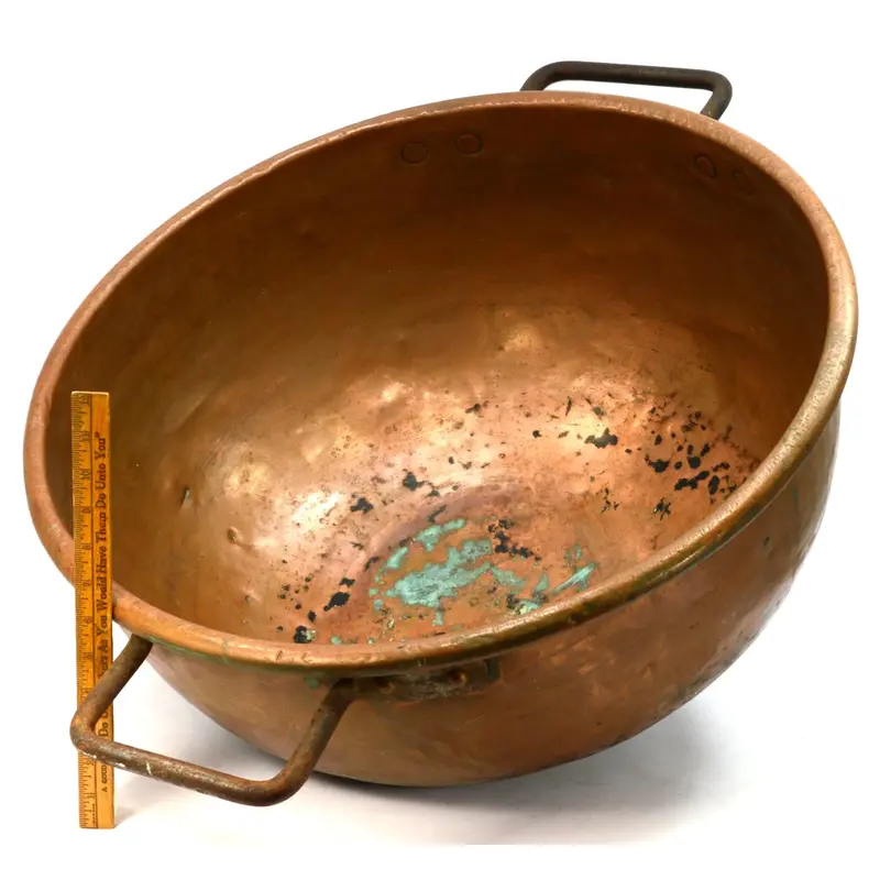 24-Inch Antique Copper Apple Butter Kettle Featuring Cast Iron Handles and Authentic Patina