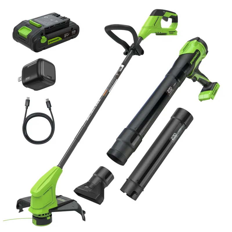24V 12-Inch String Trimmer + 270 CFM Blower Combo Kit – With 2.0Ah Battery, 30W USB-C Charger, and Two 3-Foot Cables