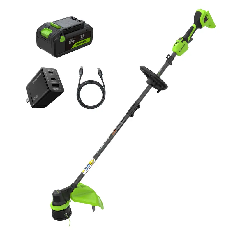 24V 15″ Brushless String Trimmer Kit – Includes 6.0Ah Battery and 65W Type-C Charger with 3-ft Cable