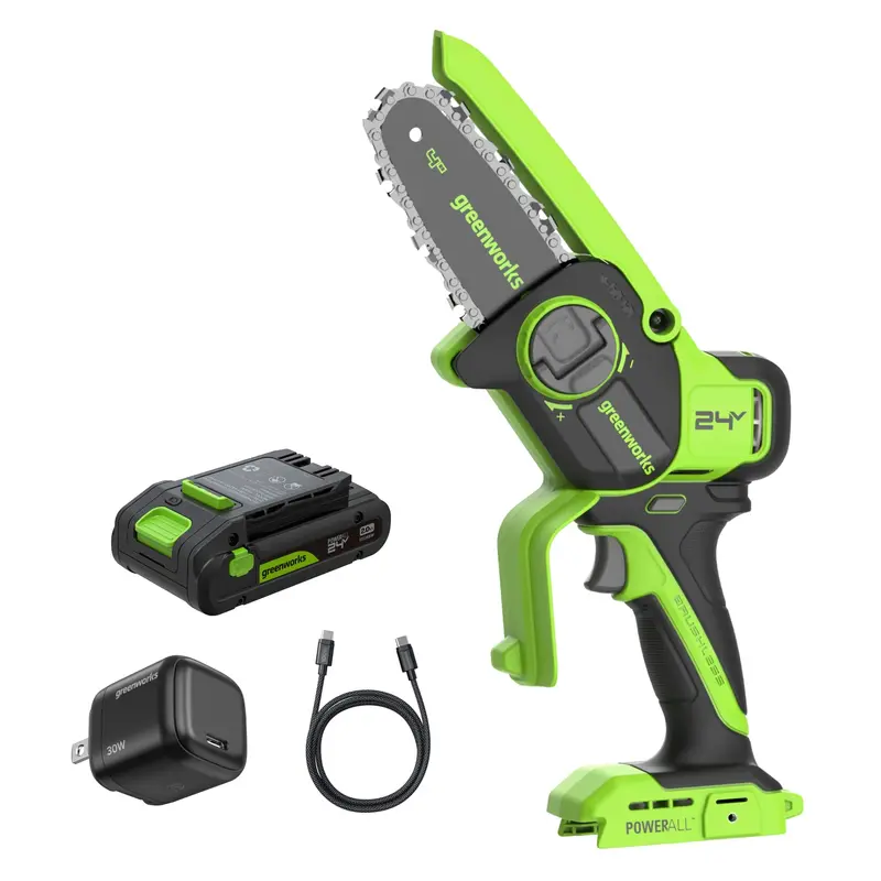 24V 4-Inch Cordless Brushless Pruner Saw Kit with 2.0Ah Battery & 30W USB-C Charger (3-Foot Cable)