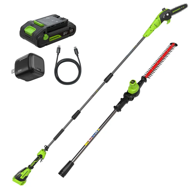 24V 8-Inch Cordless Pole Saw + 20-Inch Hedge Trimmer Combo Kit – Includes 2.0Ah Battery & 30W USB-C Charger