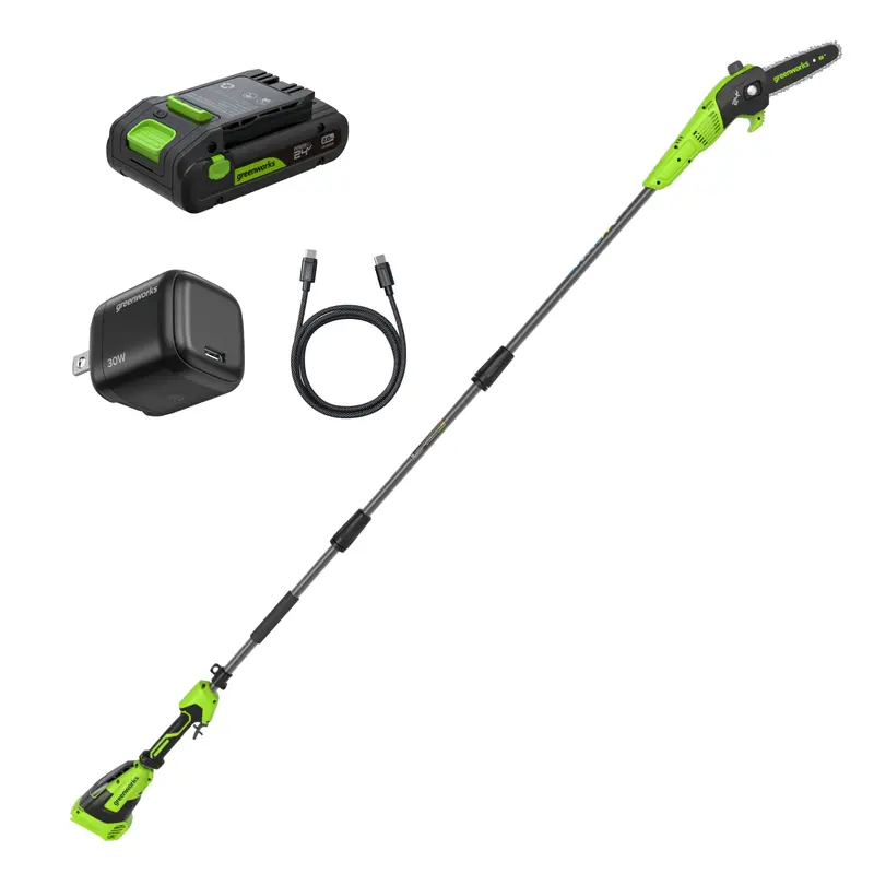 24V 8-Inch Cordless Pole Saw Kit with 2.0Ah Battery and 30W USB-C Charger