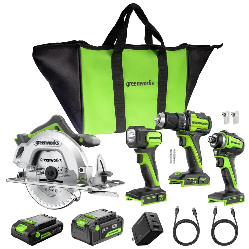 24V Brushless 4-Tool Cordless Power Kit: Drill, Circular Saw, Impact Driver, LED Light + Dual USB-C Batteries & Fast Charger