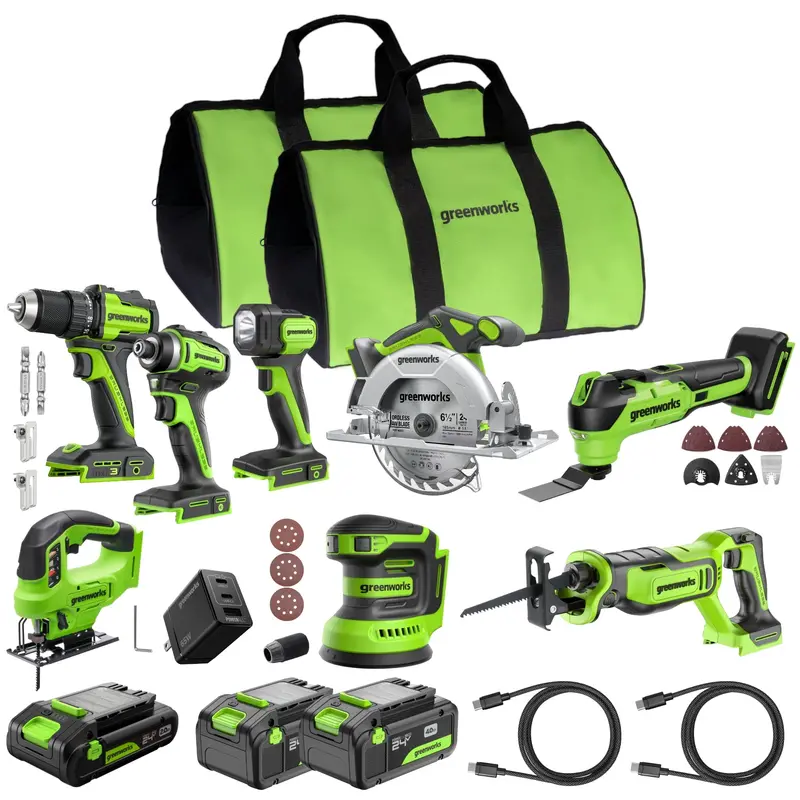 24V Brushless 8-Piece Power Tool Combo Kit: Two 4.0Ah + One 2.0Ah USB-C Batteries + Charger
