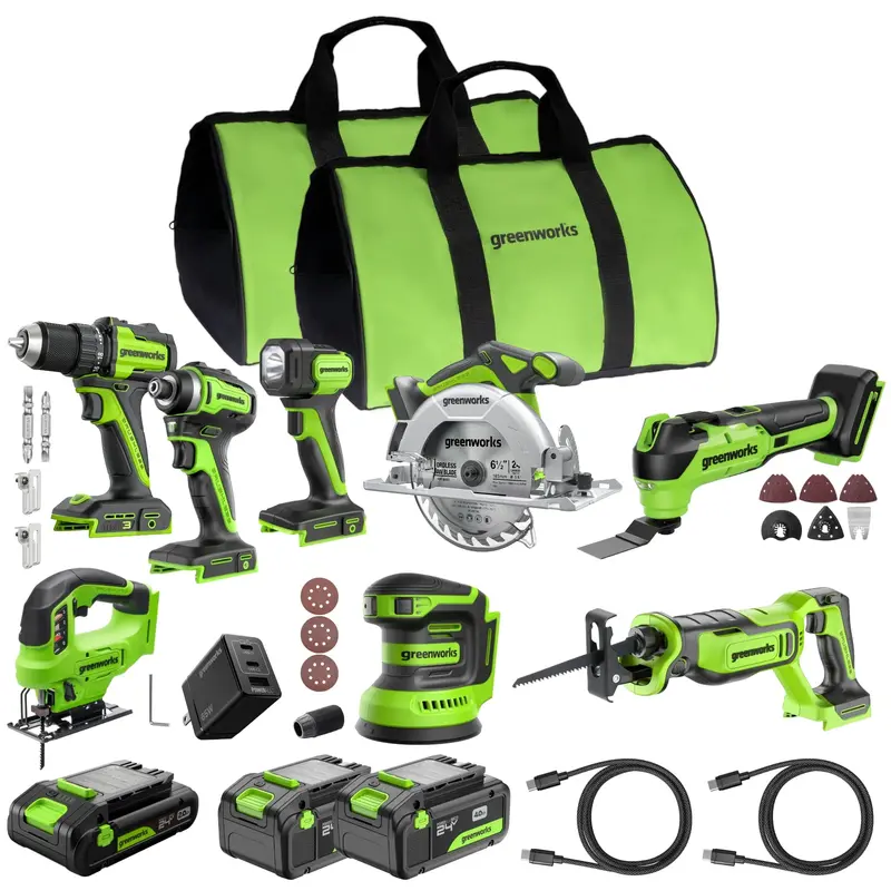 24V Brushless 8-Piece Power Tool Combo Kit with Dual 4.0Ah + One 2.0Ah USB-C Batteries & 65W Charger