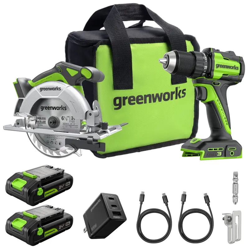 24V Brushless Cordless Drill/Driver and 6.5-Inch Circular Saw Bundle with Dual 2.0Ah USB-C Batteries and Fast Charger