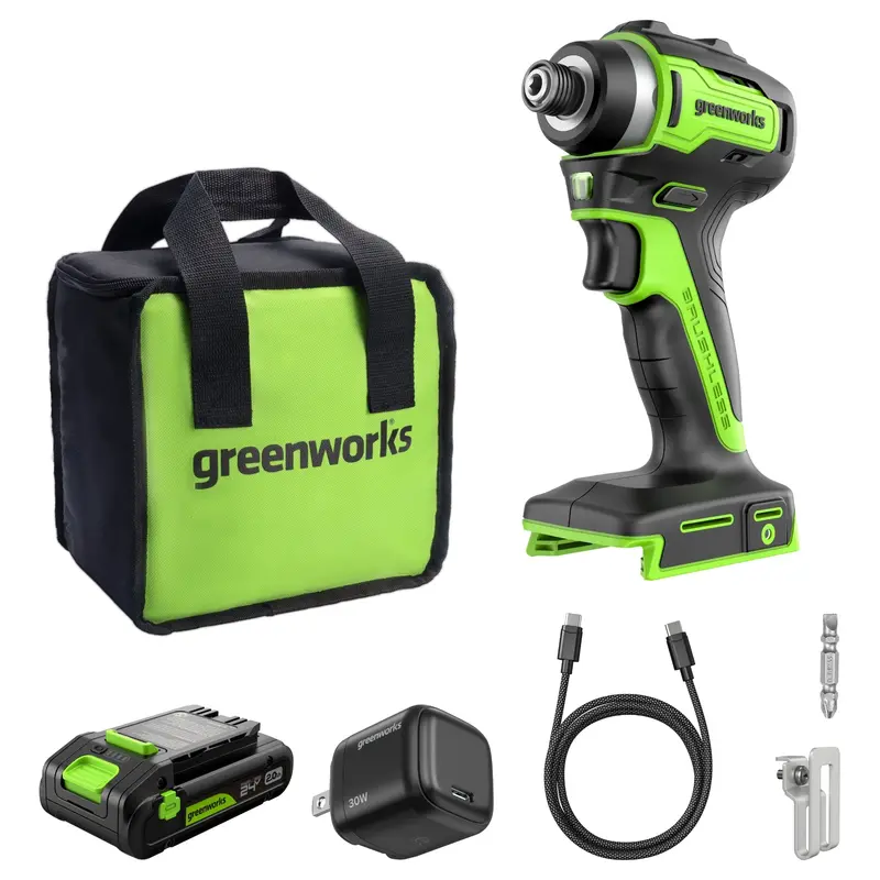 24V Brushless Impact Driver – 1950 in-lbs Torque, Dual 2.0Ah USB-C Batteries & 30W Fast Charger