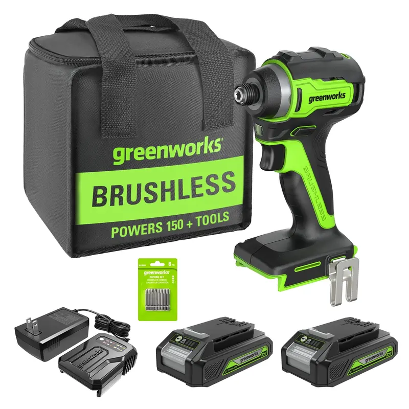 24V Brushless Impact Driver Kit – 1950 in-lbs, Includes 8-Bit Set, Tool Bag, Dual 2Ah Batteries, and Charger