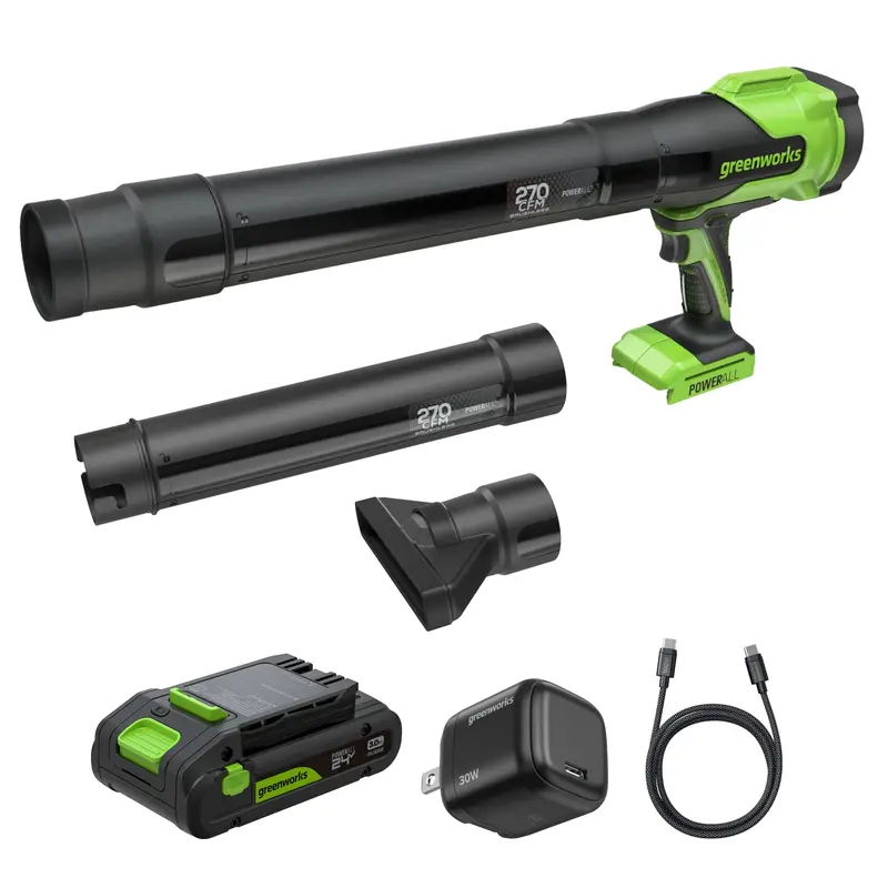 24V Cordless Blower: 270 CFM, 130 MPH, with 3.0Ah Battery & 30W USB-C Charger