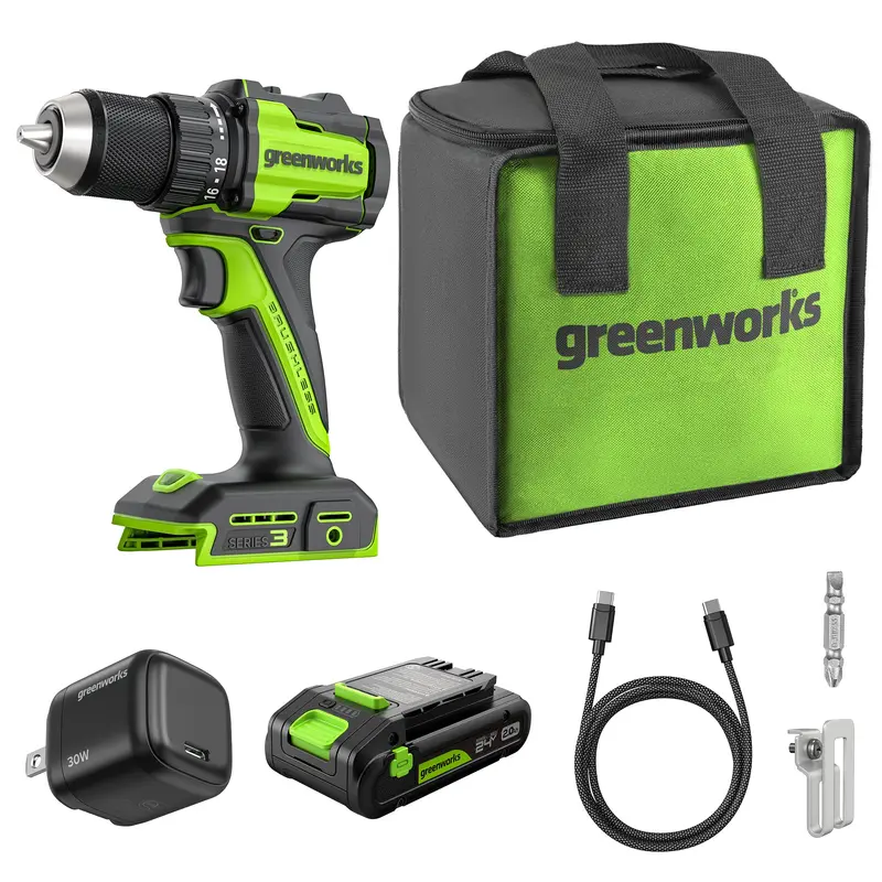 24V Cordless Drill Driver – 1/2″ Chuck, 400 in-lbs, 2.0Ah USB-C Battery & 30W Fast Charger