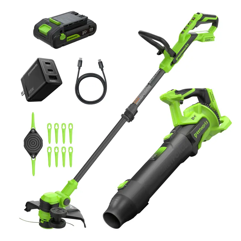 24V Dual-Function String Trimmer & Blower – 12″ Trimmer Head, 515 CFM, Includes 3.0Ah Battery & 65W USB-C Charger (3-ft Cable)