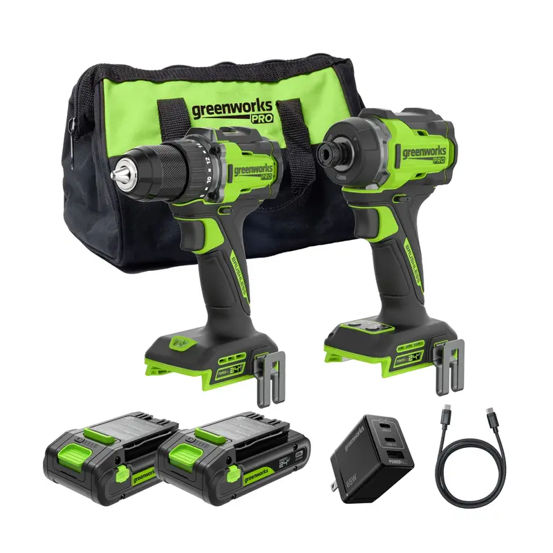 24V Dual-Tool Combo: High-Torque Drill/Driver (530 in-lbs) + Heavy-Duty Impact Driver (2200 in-lbs) — Includes Two 2.0 Ah USB-C Batteries & 65W Fast Charger