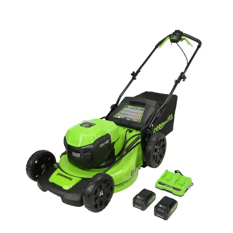 48V 20″ Brushless Self-Propelled Mower with Dual 5Ah USB-Ready Batteries and 4A Dual-Port Charger
