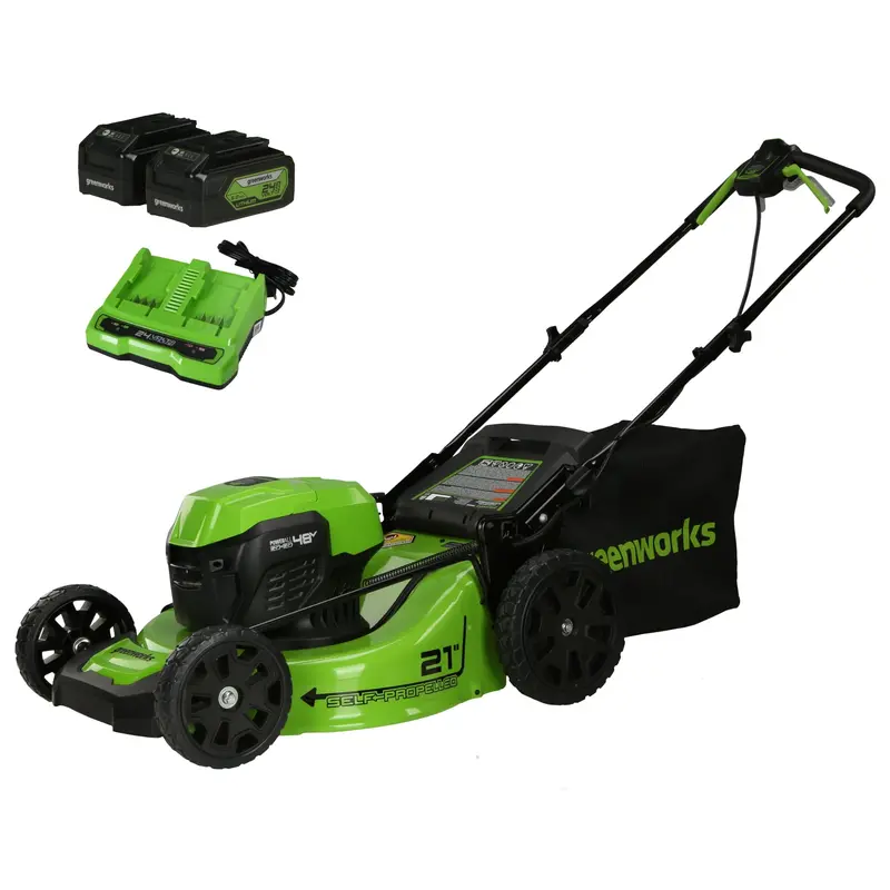 48V 21-Inch Brushless Self-Propelled Cordless Lawn Mower with Dual 5.0Ah USB-C Batteries and 4A Dual-Port Charger