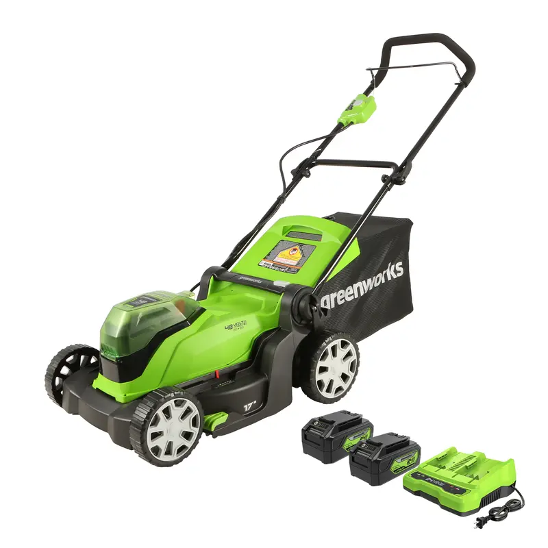 48V Dual-Battery 17″ Cordless Lawn Mower with 2×4.0Ah Batteries and Charger