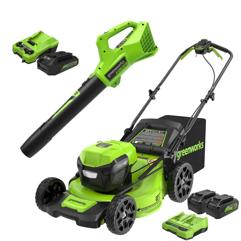 48V Dual-Battery 21-Inch Self-Propelled Cordless Lawn Mower and Blower Kit with Three Batteries and Dual Chargers