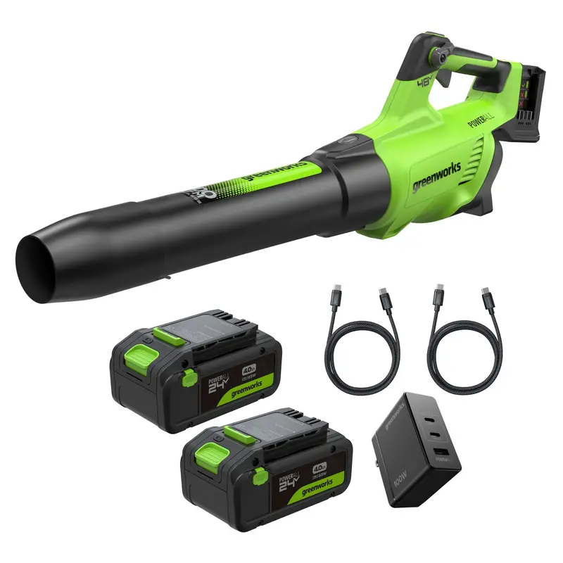 48V Dual-Battery Brushless Blower (600 CFM / 150 MPH) with 100W Charger and Extension Cords