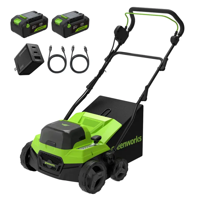 48V Dual-Battery Dethatcher & Scarifier – 15″, Includes Two 4.0Ah Batteries and 65W Type-C Charger