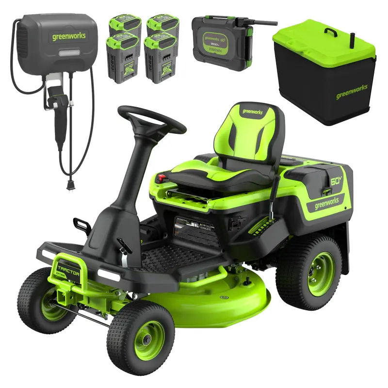 60V 30-Inch CrossoverT Electric Riding Lawn Tractor — Includes Bagger, Four 8.0 Ah Batteries, One 20.0 Ah Battery, and 600W Charger