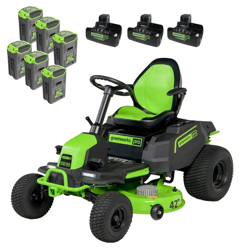 60V 42-Inch Crossover T Residential Riding Lawn Tractor – Six 8.0Ah Batteries & Three Dual Port Turbo Chargers Included