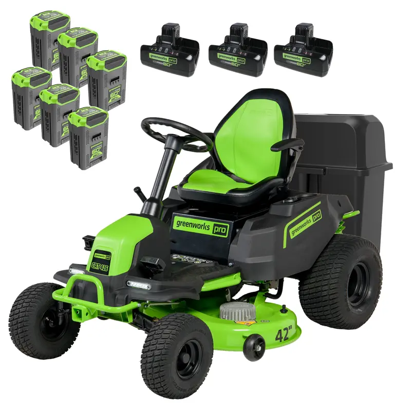60V 42-Inch CrossoverT Cordless Riding Lawn Mower — With Bagger, Six 8.0 Ah Batteries & Three Turbo Dual-Port Chargers