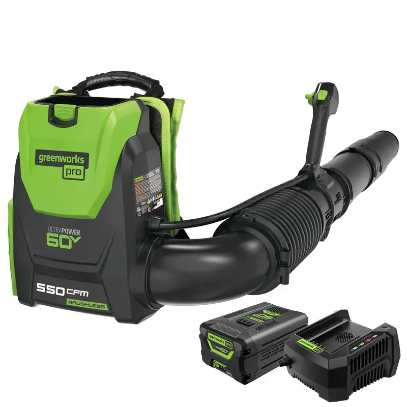 60V Backpack-Style Cordless Blower – 550 CFM / 140 MPH, 5.0Ah Battery & Charger