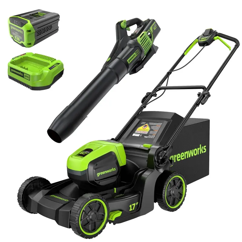 60V Brushless Lawn Mower and Blower Combo Kit – 17″ Mower + 610 CFM Blower, 4.0Ah Battery & Charger