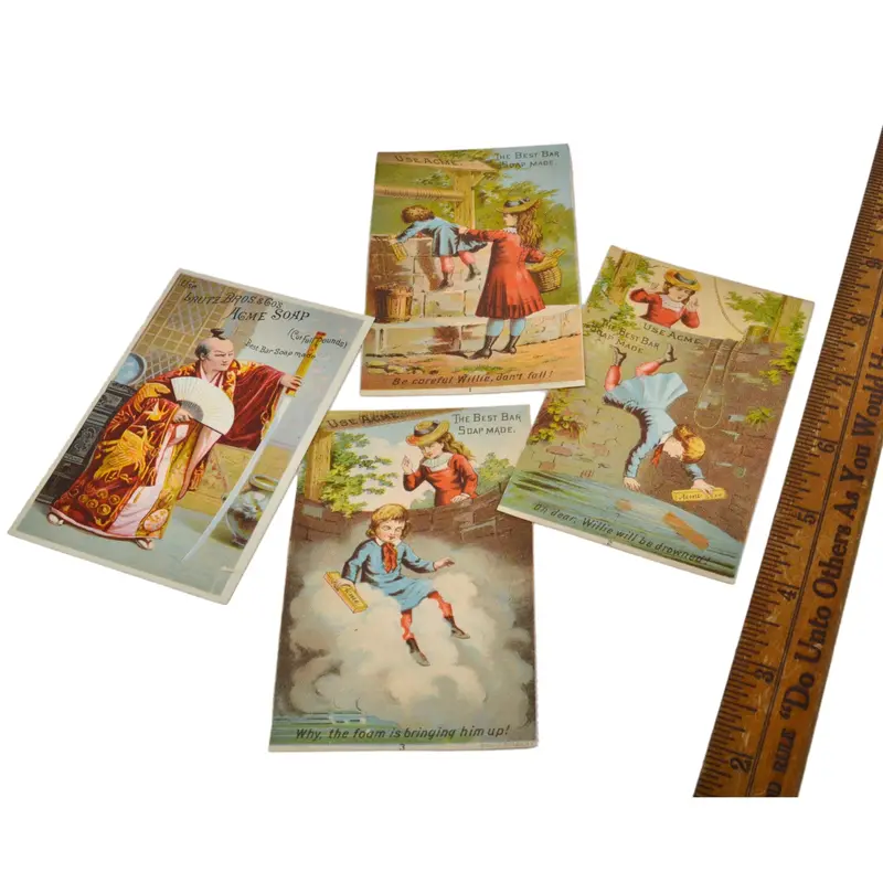 Acme Soap Trade Card Lot – Four Rare Examples Including Willie Down Well & Samurai Designs