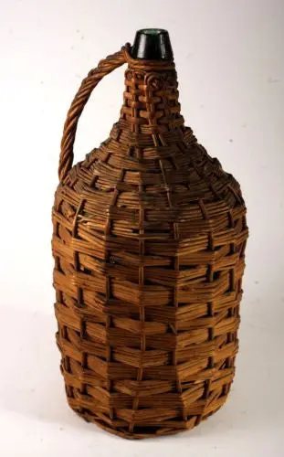 Antique 1860s Wicker-Wrapped Demijohn – Blown Glass Wine Jug with Handle, Rare Find