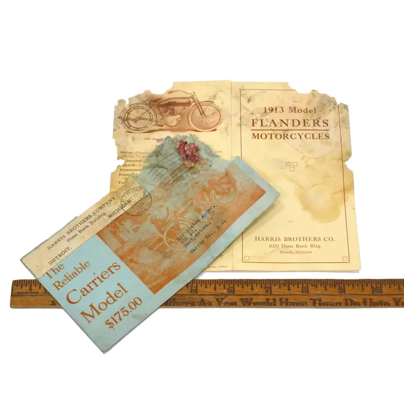 Antique 1913 Flanders Motorcycles Mail Ad Ephemera – Harris Brothers Envelope Set