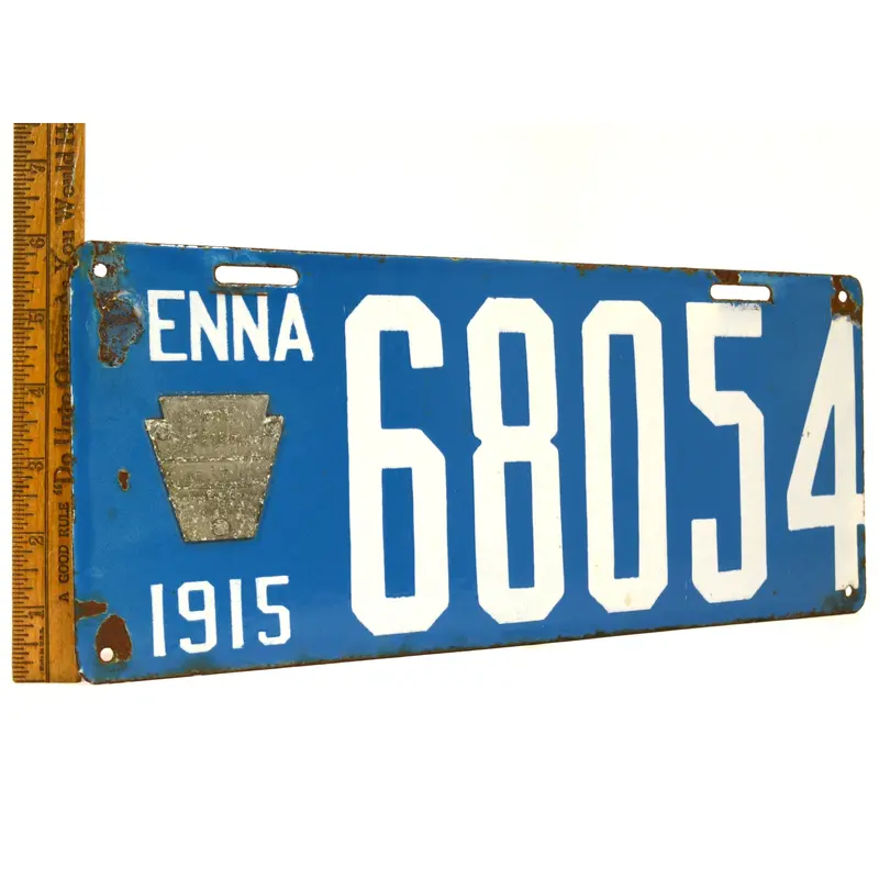 Antique 1915 Pennsylvania Porcelain License Plate – No. 68054, Brilliant Mfg Co., Excellent Condition