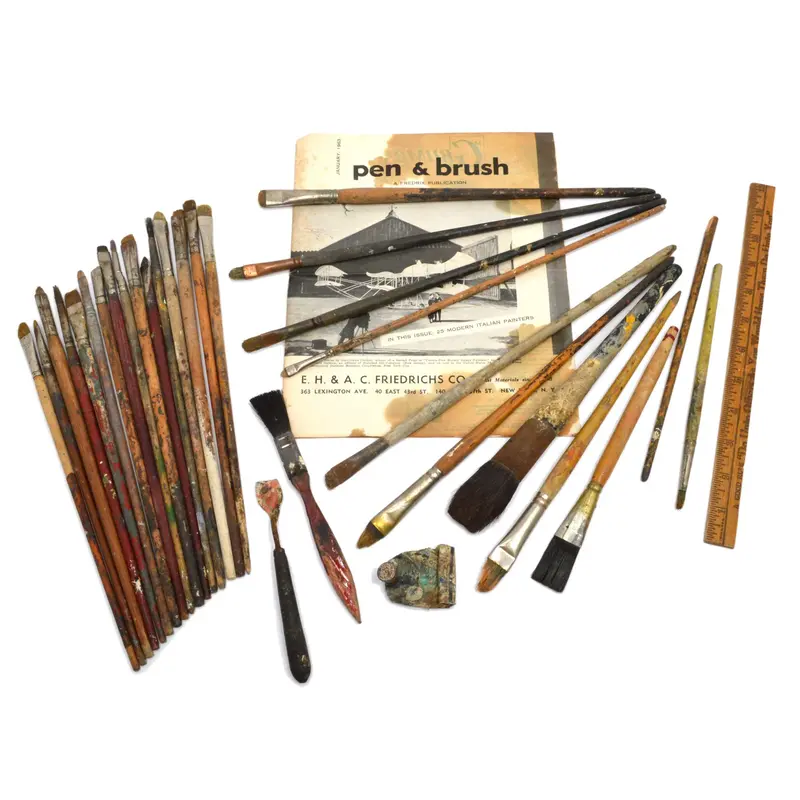Antique 31-Piece Artist’s Lot: 28 Brushes, Vintage Tube, and Art Magazine