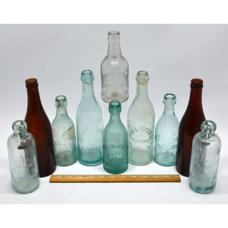 Antique Bottle Lot – Ten Vintage Soda and Beer Bottles: Seitz, Hutchinson, Blob-Top Styles from NJ and PA