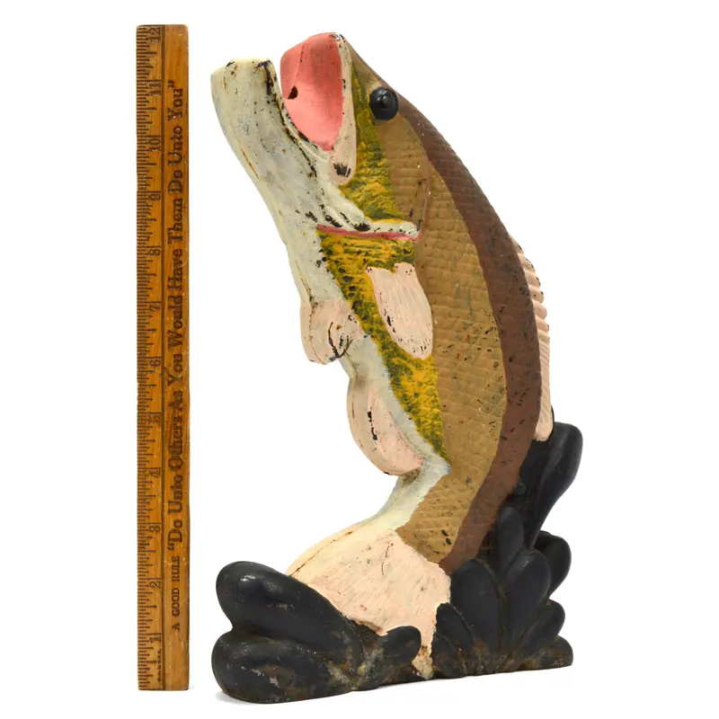 Antique Cast Iron Fish Andiron – Hand-Painted Jumping Bass Doorstop or Decorative Accent