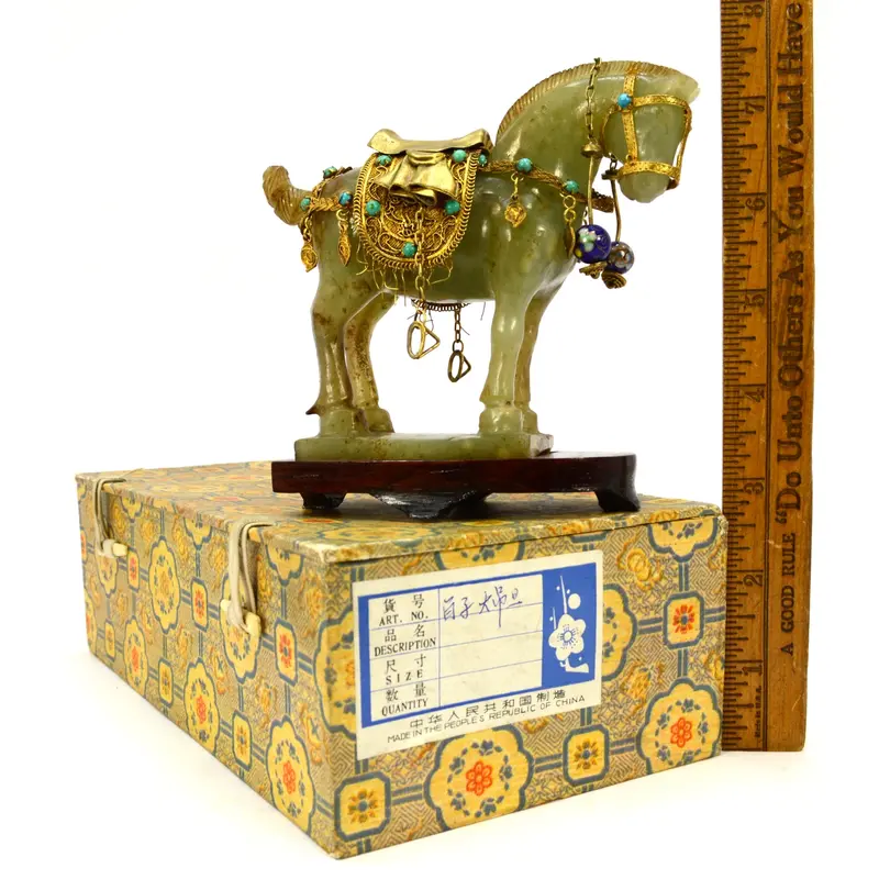 Antique Chinese Carved Jade Horse Figurine — Gold-Gilt and Enamel Saddle-Bridle with Presentation Box
