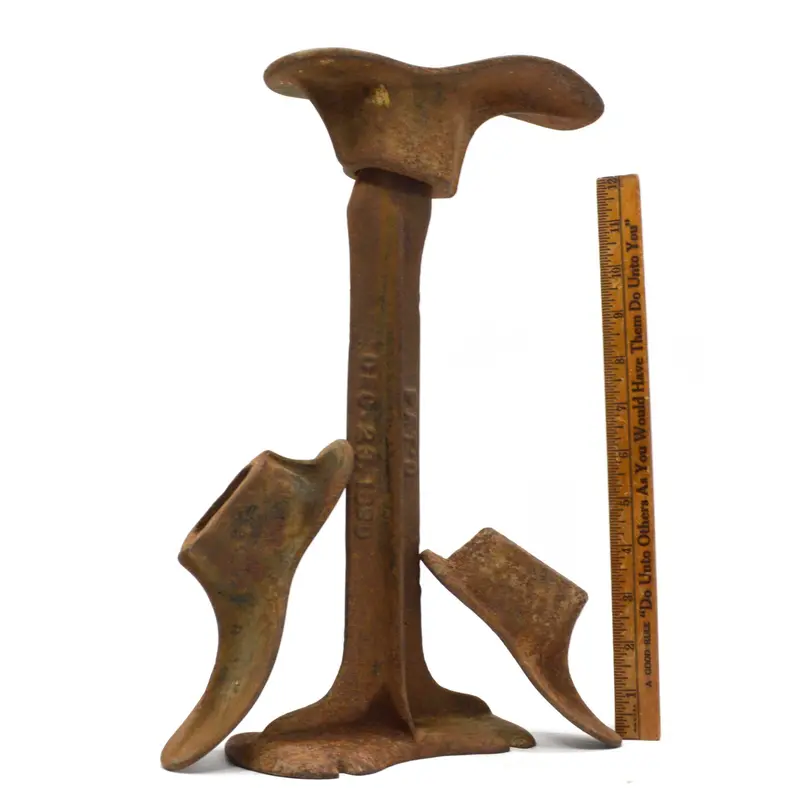 Antique Cobblers’ Anvil Set – Cast Iron Stand with Three Shoes, Embossed Patent Date Dec 23, 1890