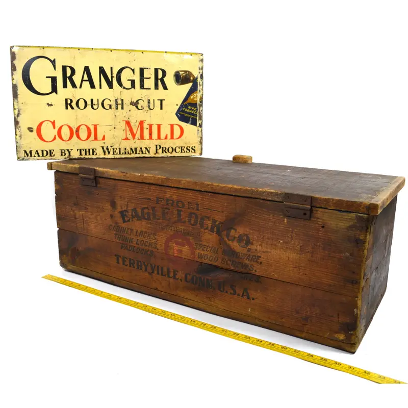 Antique Eagle Lock Co. Salesman’s Chest – Wood Display Case with Granger Tobacco Advertising