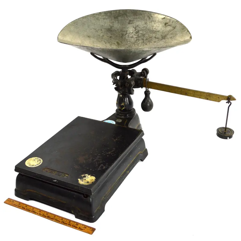 Antique Enterprise Jacob Bros. Cast Iron Counter Scale with Platform, Pan, and Assorted Weights