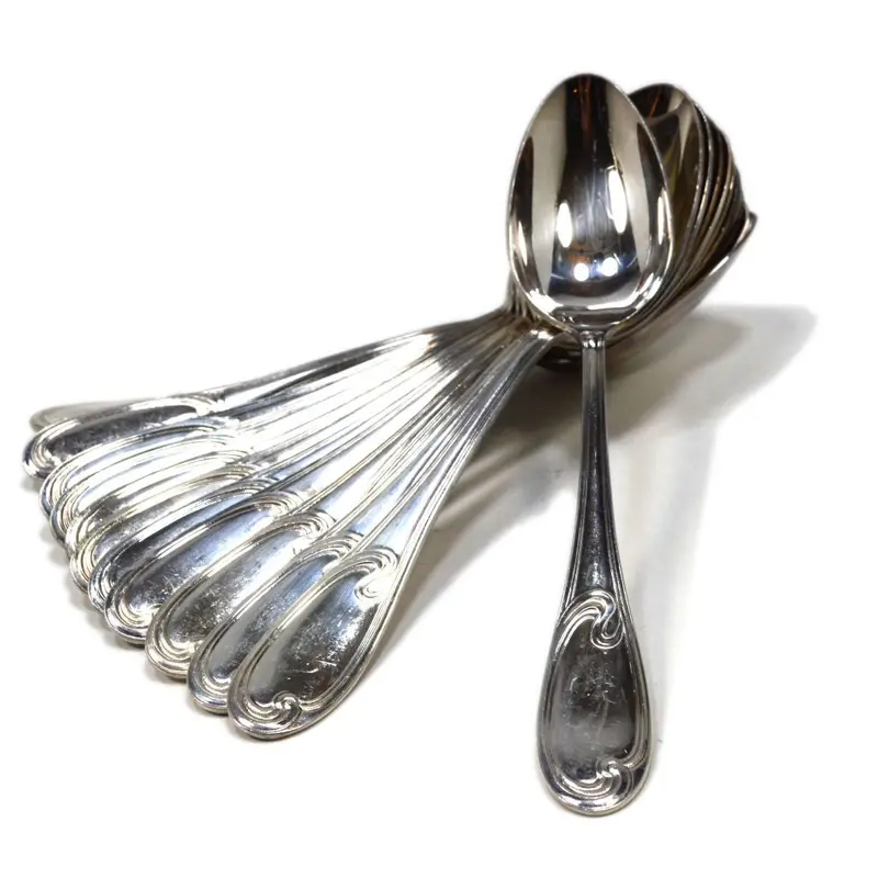 Antique Ercuis Oval Dessert and Soup Spoons — Wavy Design, Set of 9