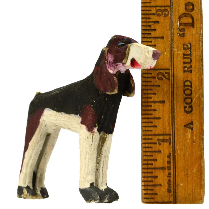 Antique Hand-Carved Folk Art Hound Dog – Miniature Painted Wood Sculpture, 2.5″