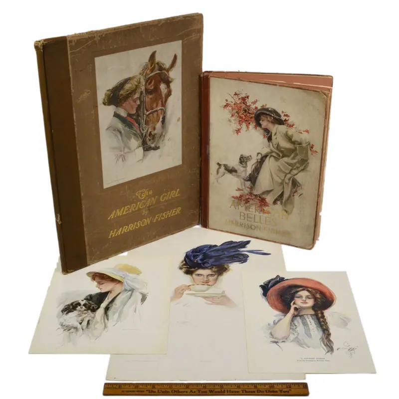 Antique Harrison Fisher Book Prints: ‘American Belles’ & ‘The American Girl’ Series, c. 1910, Collectible Lot