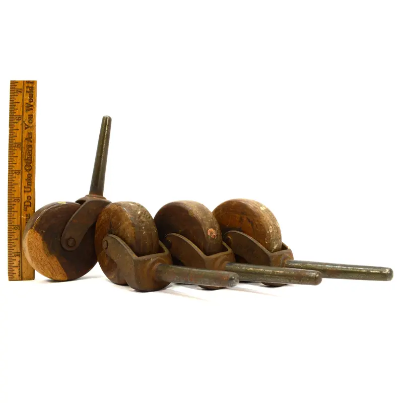 Antique Iron-Stem Casters — Set of 4 Wooden-Wheeled Casters (2-7/8″) Showing Natural Patina