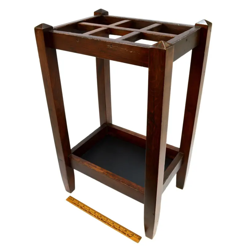Antique Mahogany Umbrella Stand — Arts & Crafts Style Cane Rack with Integrated Tray